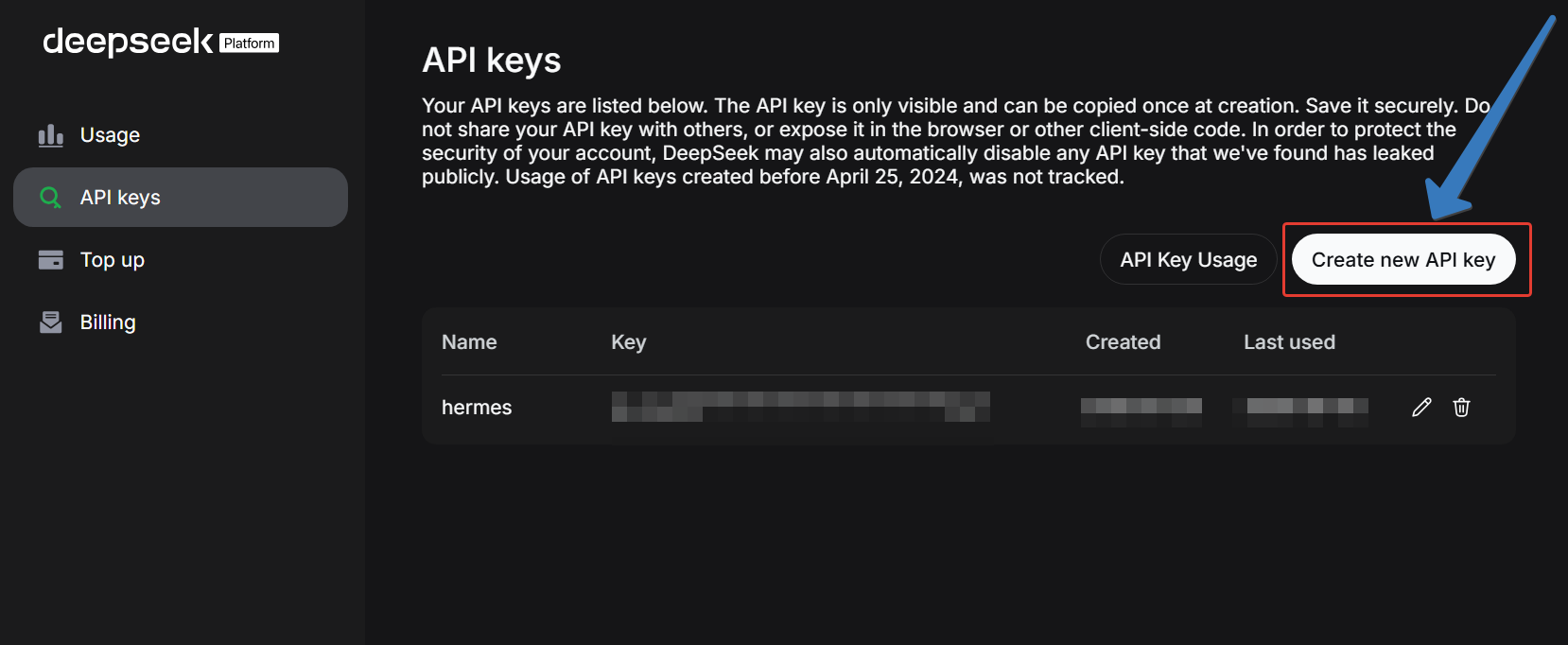 Раздел API keys на сайте DeepSeek, кнопка Create new API key