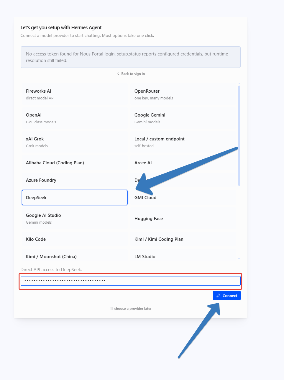 Список провайдеров плиткой, выбран DeepSeek, поле для ключа и кнопка Connect