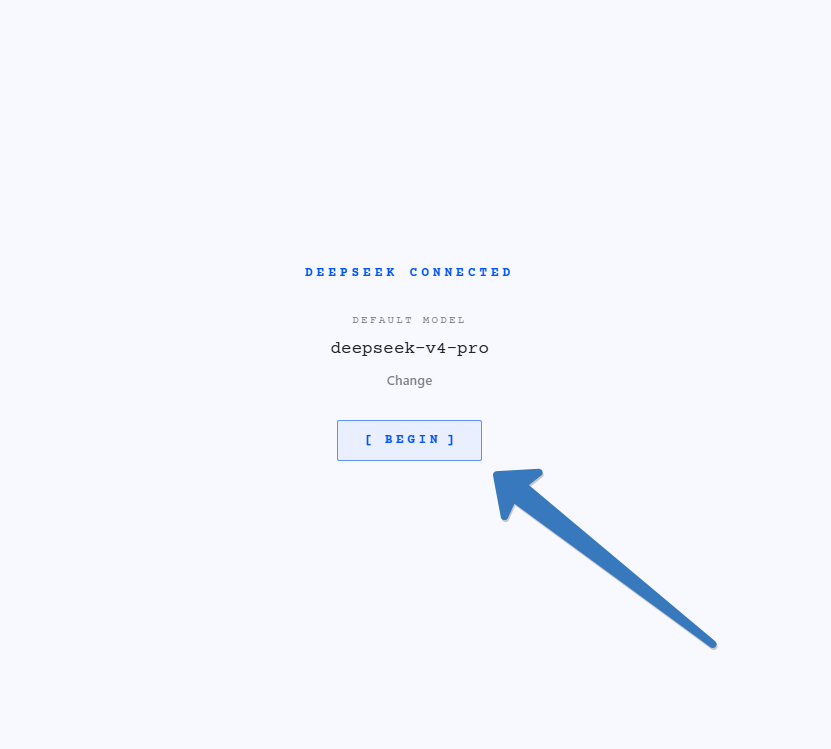 Экран подтверждения DeepSeek Connected с моделью по умолчанию и кнопкой Begin